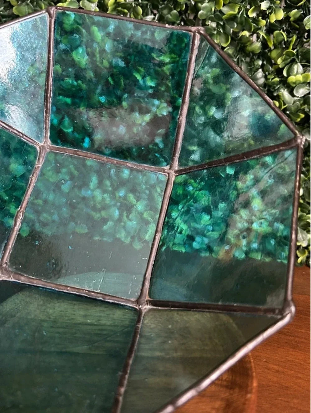 Blue Teal Stained Glass Leaded Geometric Display Bowl 7.5”